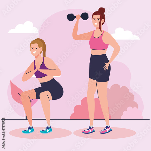 women group practicing exercise outdoor, sport recreation exercise vector illustration design