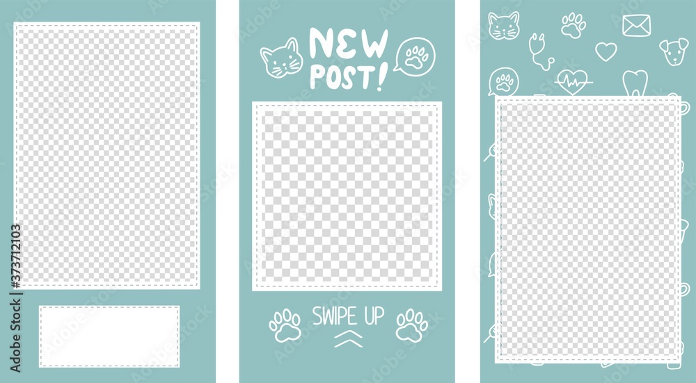 Vector editable stories templates, posts for social media. Veterinary clinic or pet shop concept, isolated on white background - obrazy, fototapety, plakaty 