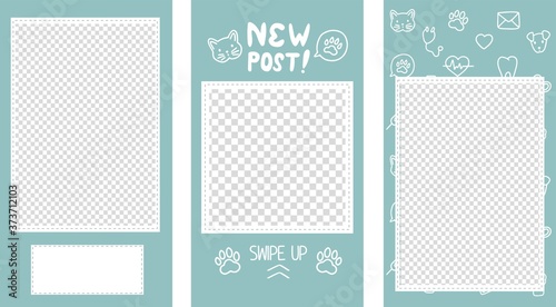 Vector editable stories templates, posts for social media. Veterinary clinic or pet shop concept, isolated on white background