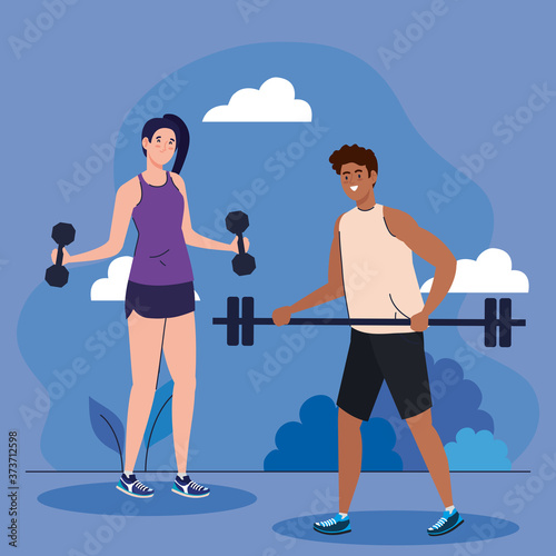 couple practicing exercise outdoor, sport recreation concept vector illustration design