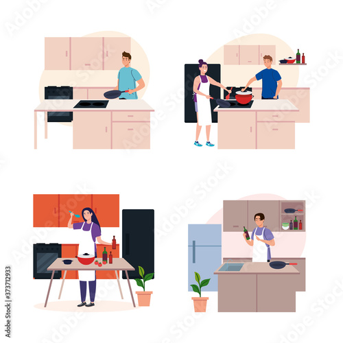 set scenes of young people cooking on kitchen scenes vector illustration design