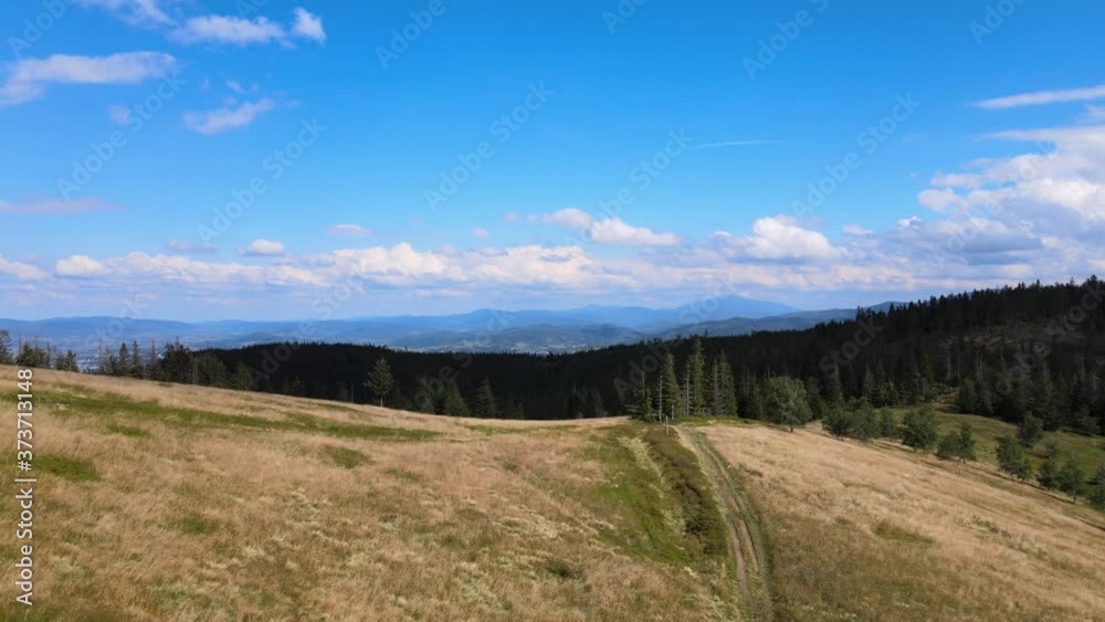 Flying over mountain meadow on sunny summer day in Beskidy, Hala Radziechowska, Poland Flying over mountain meadow on sunny summer day in Beskidy, Hala Radziechowska, Poland