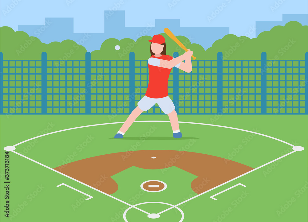 Fototapeta premium A baseball player with a bat in her hands playing baseball. Baseball court. Sports and recreation. Flat vector illustration. Healthy lifestyle.