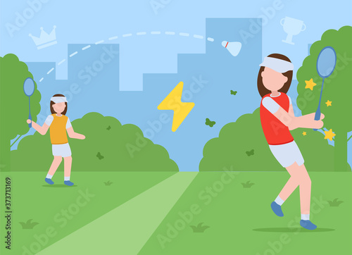 Badminton vector concept. Healthy lifestyle. Sport. Two girls in sports uniforms play badminton on an open green field. Sports recreation away from the city.