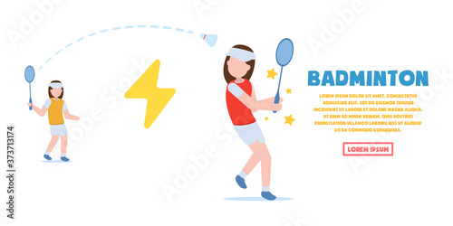 Two girls play badminton with a shuttle on the court in a summer park. Happy people play sports game together having fun. Sports and recreation. Flat vector illustration. Healthy lifestyle