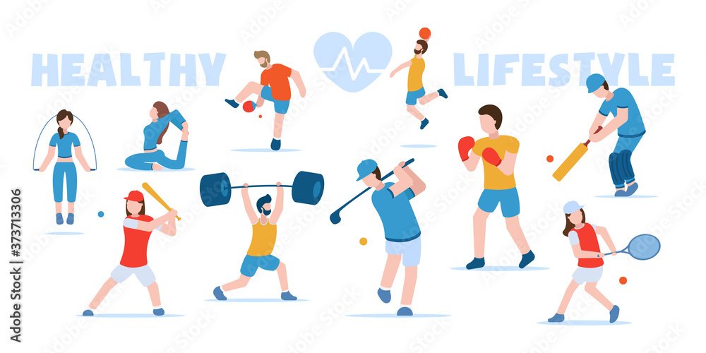 Vector concept of sports and healthy lifestyle. Fitness, golf, basketball, table tennis, boxing, baseball, cricket, tennis, bodybuilding. People in sports uniform go in for various sports.