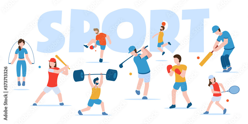 Vector concept of sports and healthy lifestyle. Fitness, golf, basketball, table tennis, boxing, baseball, cricket, tennis, bodybuilding. People in sports uniform go in for various sports.