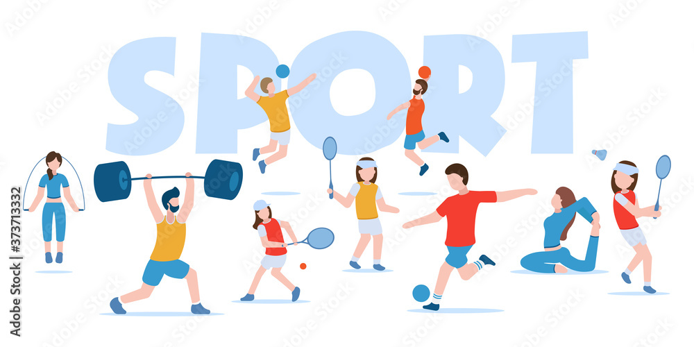 Vector concept of sports and healthy lifestyle. Gymnastics, fitness, football, basketball, volleyball, tennis, badminton, bodybuilding. People in sports uniforms are engaged in different sports.