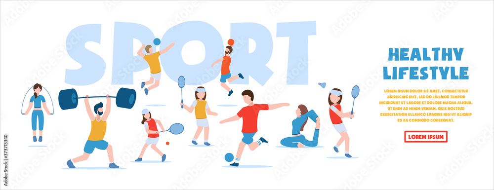 Vector concept of sports and healthy lifestyle. Gymnastics, fitness, football, basketball, volleyball, tennis, badminton, bodybuilding. People in sports uniforms are engaged in different sports.