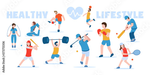 Vector concept of sports and healthy lifestyle. Fitness, golf, basketball, table tennis, boxing, baseball, cricket, tennis, bodybuilding. People in sports uniform go in for various sports.
