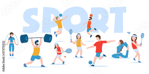 Vector concept of sports and healthy lifestyle. Gymnastics, fitness, football, basketball, volleyball, tennis, badminton, bodybuilding. People in sports uniforms are engaged in different sports. © Dreykon