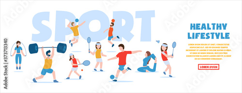 Vector concept of sports and healthy lifestyle. Gymnastics  fitness  football  basketball  volleyball  tennis  badminton  bodybuilding. People in sports uniforms are engaged in different sports.