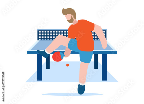 Table tennis vector concept. Healthy lifestyle. Professional sports. A man in equipment holds a table tennis racket in his hand and hits the ball along the length of the playing table. EPS 10.