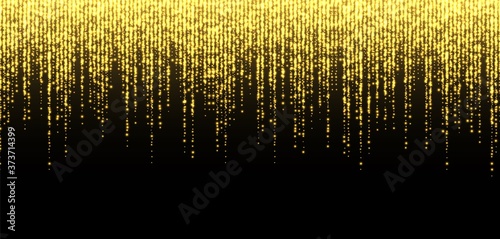 Glitter rain, golden star dust, bright yellow sparkles isolated on a dark background. Christmas decoration, abstract falling shiny particles, isolated vector light effect. Luxury decor.
