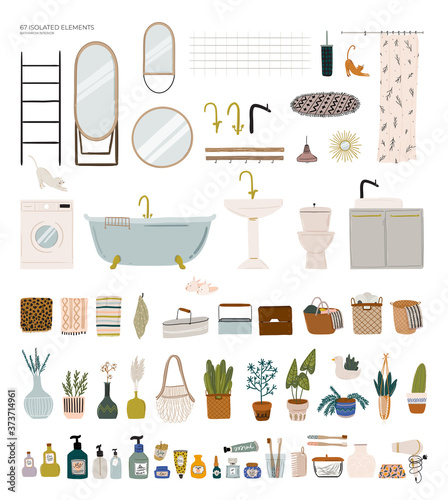 Stylish Scandinavian bathroom interior - bidet,tap, bath,toilet, sink,, home decorations. Cozy modern comfy apartment furnished in Hygge style. Vector illustration