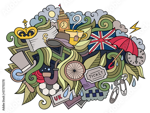 England hand drawn cartoon doodles illustration. Funny travel design.