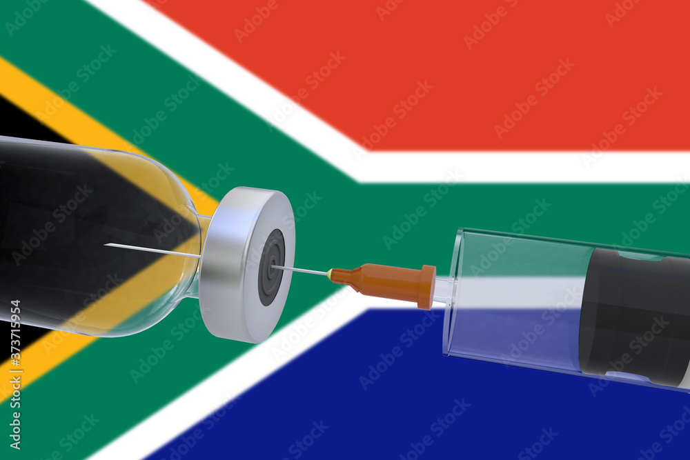 3D Illustration vaccine container bottle accompanied by a syringe with South Africa flag covid19 covid-19 coronavirus. 3D Illustration vaccine container bottle accompanied by a syringe with South Africa flag covid19 covid-19 coronavirus.