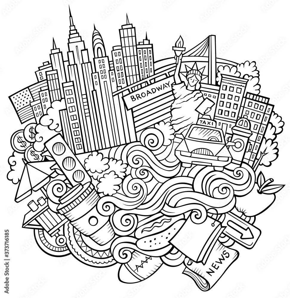 Obraz premium Cartoon cute doodles hand drawn Welcome to New York illustration