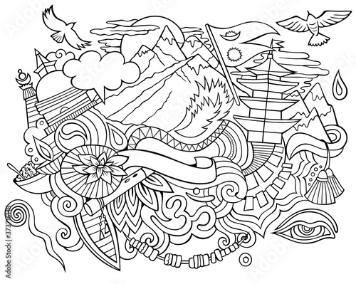 Nepal hand drawn cartoon doodles illustration. Funny travel design