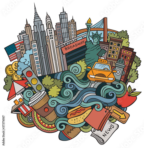 Cartoon cute doodles hand drawn Welcome to New York illustration