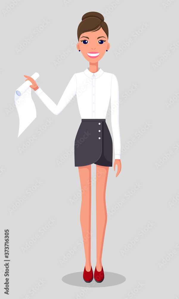 Pretty young slim woman character in business clothes. Smiling business woman standing with a paper document in stretched hand. Businesswoman wearing blouse and skirt standing straight at full height Pretty young slim woman character in business clothes. Smiling business woman standing with a paper document in stretched hand. Businesswoman wearing blouse and skirt standing straight at full height