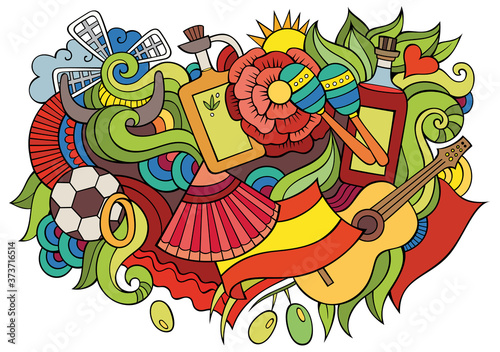 Spain hand drawn cartoon doodles illustration. Funny travel design