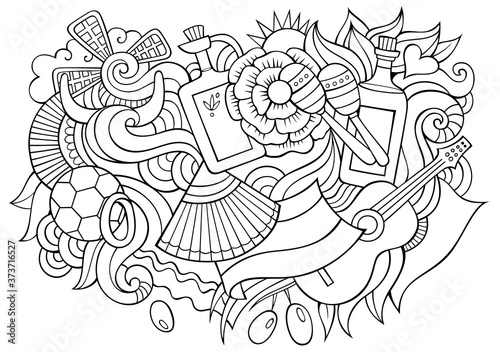 Spain hand drawn cartoon doodles illustration. Funny travel design