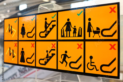 Signs on an escalator in the shopping mall