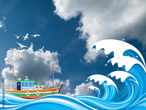 Fishing trawler boat out in rough sea with seagulls overhead set against a blue cloudy sky