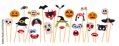 Halloween photo booth props and scrapbooking vector set. Party decoration with ghosts, pumpkin, bat,