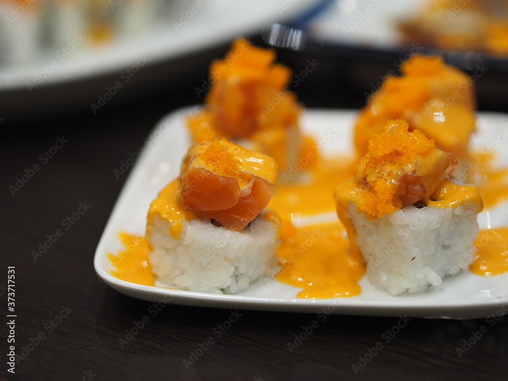 Sushi Shrimp Roe Rice Fresh salmon fish arranged in plate style Japanese food Sushi Shrimp Roe Rice Fresh salmon fish arranged in plate style Japanese food