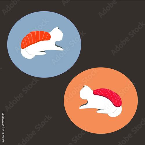 Vector image of cats in the form of Japanese sushi in a minimalistic design. Cat sushi with salmon. Cat sushi with tuna.