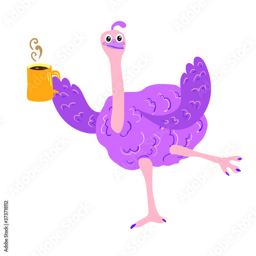 Vector drawing of pink ostrich with handmade coffee mug on white isolated background. African ostrich flat, cartoon. Postcard design, children's, fun, printing on fabric, covers