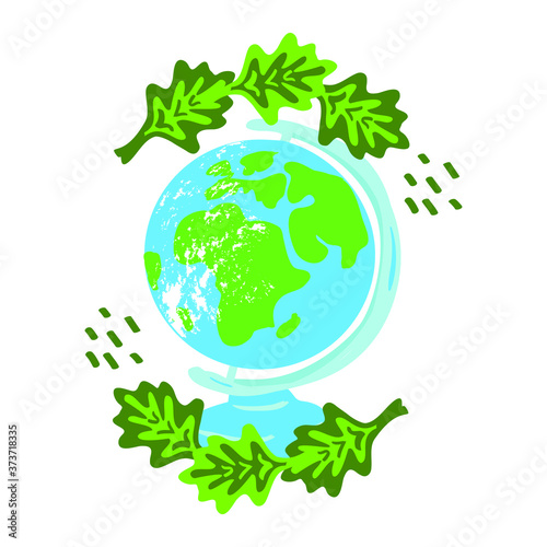 Vector drawing globe, green leaves handmade on a white isolated background, flat, cartoon. Design of postcards, children's, school, printing on fabric, covers