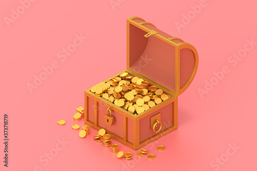 Obraz na płótnie 3d render treasure chest with coins on pink background.