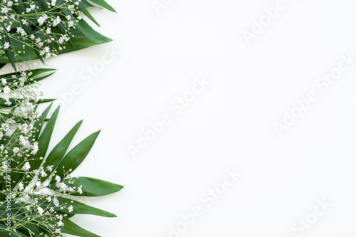 Floral background. Invitation card. Green fresh leaf white delicate flowers minimal decor isolated on light copy space. Natural arrangement. Romantic design.