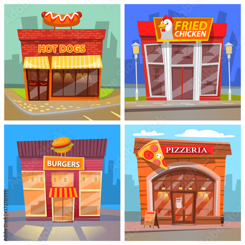 Illustration of the different cafe and restaurant facade buildings. View from the street, bright color showcase. Fried chicken, hot dogs, pizzeria, burgers. Catering establishment, fast food concept