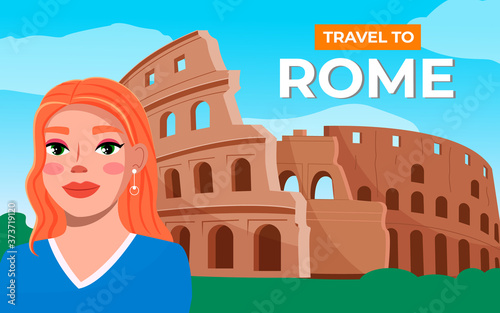 Pretty girl on the background of coliseum. Young woman travel Italy, visit architectural monuments. Happy smiling tourists female character stand near historical landmark of italy amphitheater