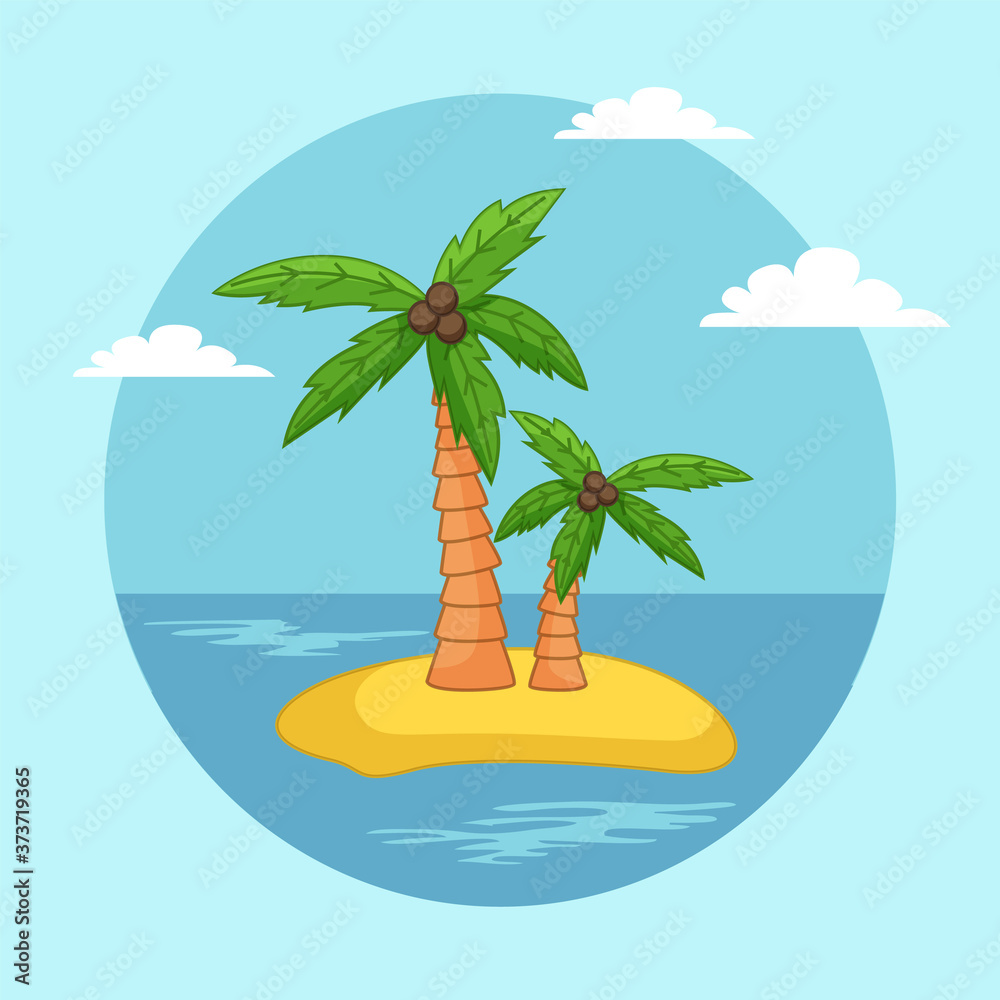 Palm trees with coconut on the sand island flat vector. Coconut tree with nuts waterscape with blue sea and clear sky. Tropical climate plant, a symbol of warmth and vacation in a paradise place