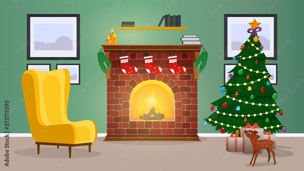 New Year. A room with a fireplace, a Christmas tree and gifts. Vector.