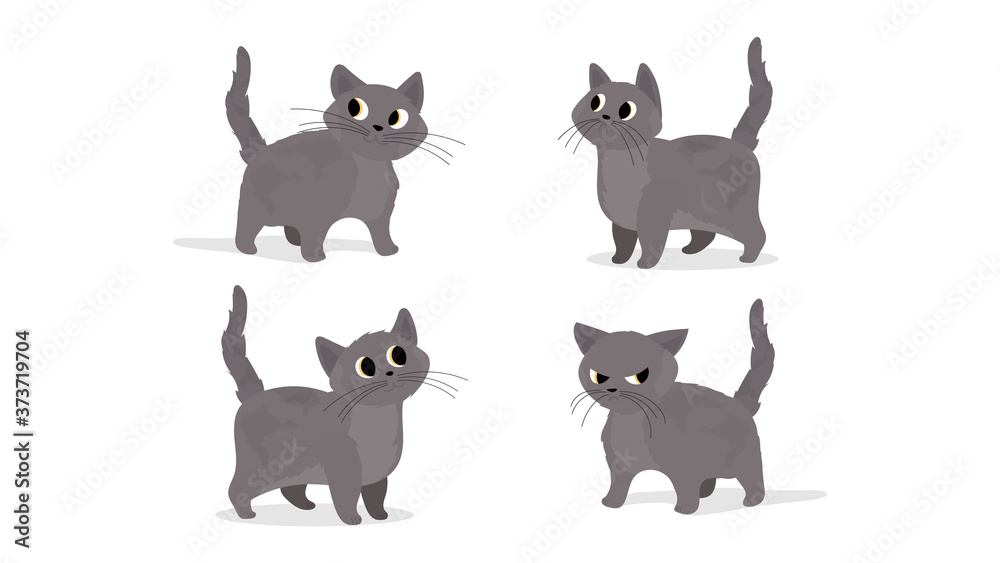 A set of Cute gray cat. Suitable for stickers and postcards. Isolated. Vector.