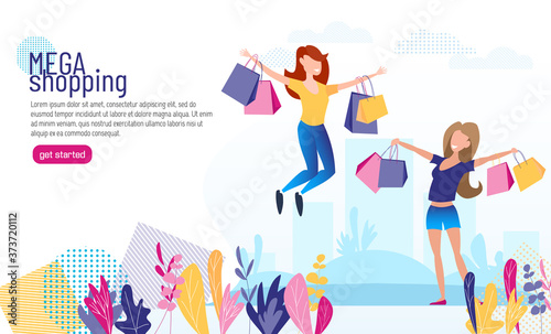 The landing page offers to buy. Happy girlfriends with a purchase. Flat banner template for online store.