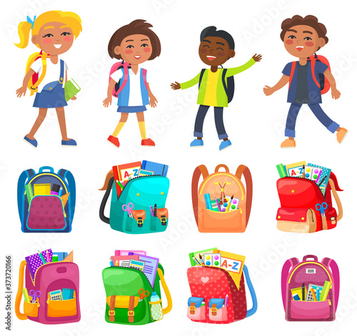 Pupils characters with backpack school bag with notebook and pencil paints and tassels. Smiling children, girl and boy student, classmates vector, set of backpaks. Back to school concept. Flat cartoon