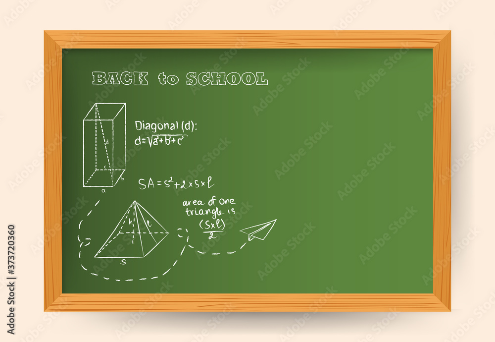Hand drawn vector illustration of green wooden board with chalked drawn formulas. Back to school concept with negative space Hand drawn vector illustration of green wooden board with chalked drawn formulas. Back to school concept with negative space