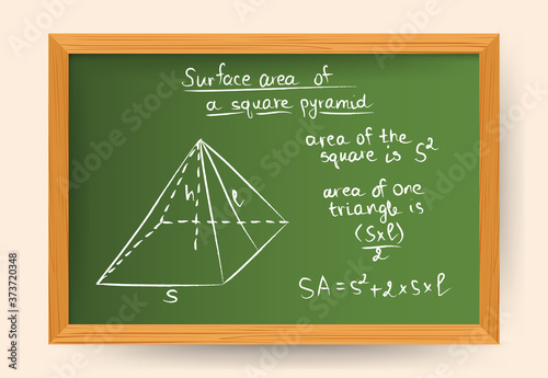 Hand drawn vector illustration of geometrical shape square pyramid in white chalk on green board with math formulas of total surface area