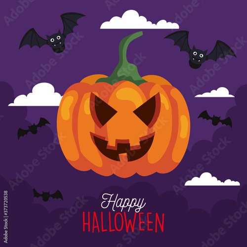 banner of happy halloween and pumpkin with bats flying vector illustration design