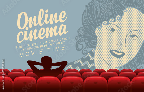 Online cinema poster, the biggest film collection. Movie theater at home. Vector Illustration of a man in a relaxed home pose in a movie theater and a girls face on the big screen
