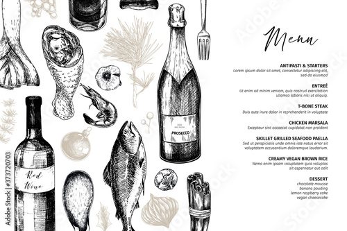 Vector menu template. Hand drawn detailed Christmas decorations, wine, seafood, meat, fruits and vegetables. Modern trendy design. For holiady menu, restaurant, shop promotion, brand merchandising.