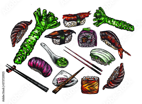 A large set of sketches of rolls and sushi in the artline style. High drawing of details and elements.Chinese sticks, wasabi, rolls, sushi, sashimi, ginger.