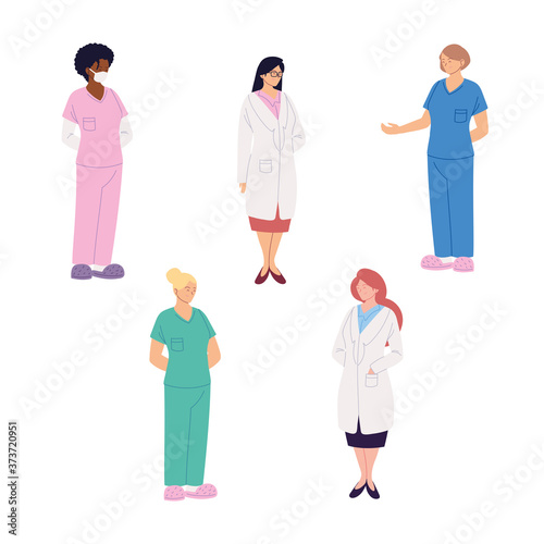 set of healthcare workers, doctors and nurses